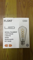 LED FLSNT Edison žárovka, ST58 Vintage, žárovka se spirálovým vláknem 4W (ekvivalent 40W),E27 závit, nestmívatelná, teplá bílá 2200K, čisté sklo, 4 ks v balení